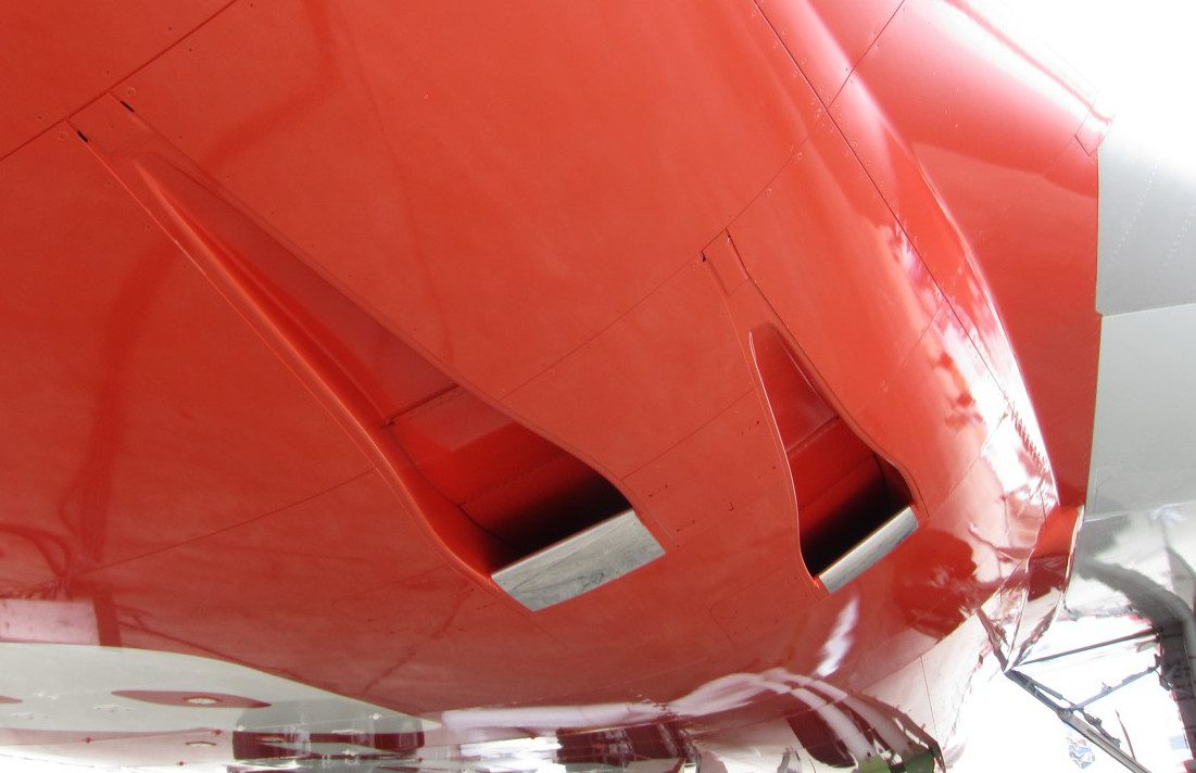 The air intakes of the ram circuit at the wing box of a Boeing 747-8I.