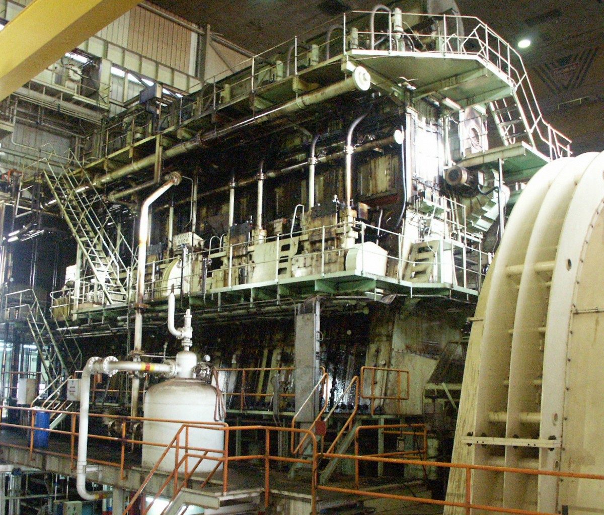 A nine-cylinder Sulzer RTA76 Diesel engine producing $25 MW$ of power at $95 rpm$. This unit is installed here in a factory but the model is commonly used to propel merchant ships.