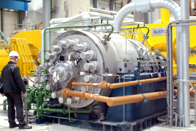 A pump from the manufacturer ksb delivering $2500 t/h$ of water at 350 bar in a steam power plant. Liquid pumps are usually powered by an electric motor, but this model is mechanically driven by the turbine and must therefore operate over a wider speed range. Its maximum power is $38 MW$; the power of the driven turbine exceeds $800 MW$.