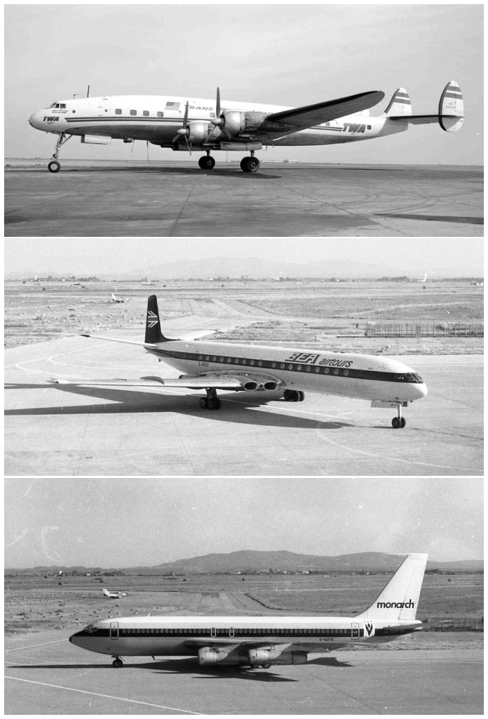 From top to bottom: The 1943 Lockheed Constellation, the culmination of the propeller aircraft era: four Wright Duplex-Cyclone supercharged 18-cylinder engines, capable of covering 3700 km (2300 mi) at 500 km/h (310 mph). The 1949 De Havilland Comet, the first jet airliner: four Halford Ghost turbojet engines, capable of covering 2400 km (1500 mi) at 740 km/h (460 mph). The 1957 Boeing 707, with a configuration and performances anticipating those of all its successors: four Pratt & Whitney JT3C turbojet engines, capable of covering 4300 km (2700 mi) at 900 km/h (560 mph).