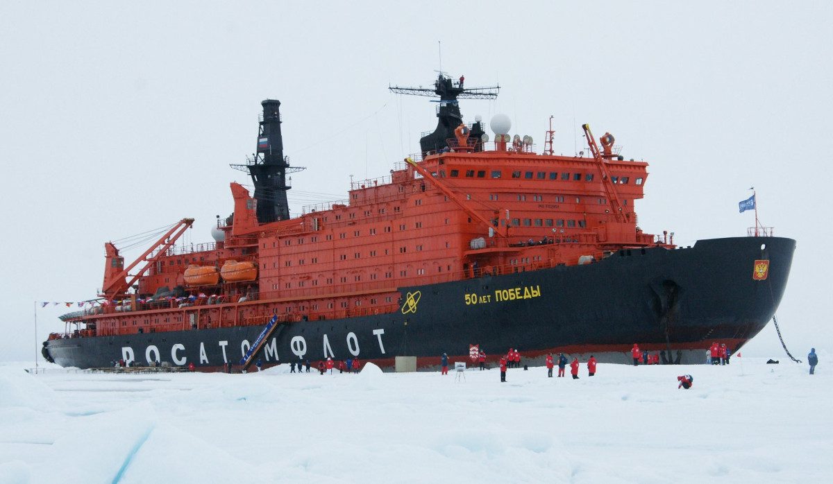 The 50 Let Podeby, a 25,000-ton nuclear-turbo-electric powered icebreaker (two reactors of , three engines of . Its construction started in