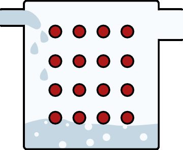 Schematic representation of a fire-tube boiler. Water enters in the liquid state on the left and exits at the top right in the form of saturated steam. In *fire-tube boilers*, the gas pipes pass through the heat exchanger filled with water. In more recent *water-tube boilers*, it is the water pipes that pass through the heat exchanger filled with hot gases. The latter technique is not detailed in this book, but its thermodynamic working principle is identical.
