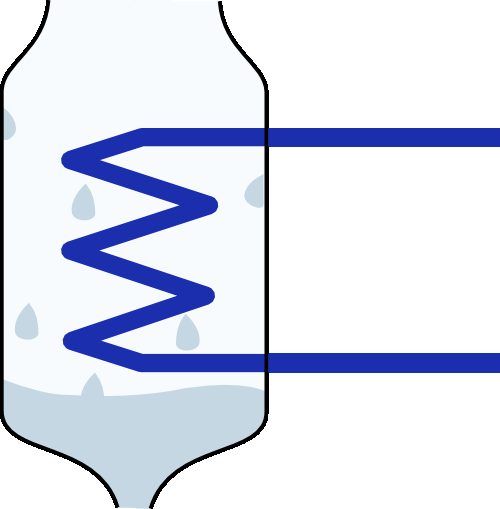 Schematic representation of a condenser. Water from the thermodynamic cycle enters at the top, in a state close to saturated vapor. It exits at the bottom in the liquid state. The heat extraction is usually ensured by a secondary water circuit (illustrated in dark blue) which is in contact with the atmosphere.