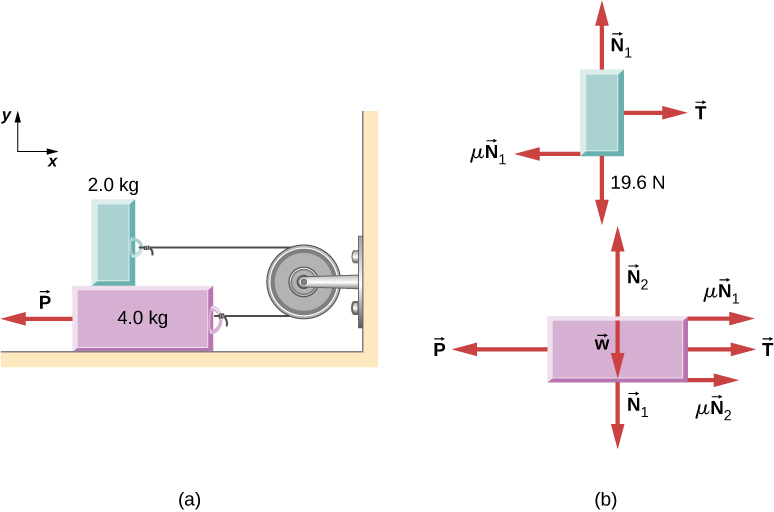Figure (a) shows an illustration of a 4.0 kilogram block on a horizontal surface and a 2.0 kilogram block resting on top of it. A pulley is connected horizontally to a wall to the right of the blocks. The blocks are connected by a string that passes from one block, over the pulley, and to the other block so that the string is horizontal and to the right of each block. A force P pulls the lower block to the left. An x y coordinate system is shown, with positive x to the right and positive y up. Figure (b) shows the free body diagrams of the blocks. The upper block has forces mu times vector N sub 1 to the left, vector T to the right, 19.6 N vertically down, and vector N sub 1 up. The lower block has forces mu times vector N sub 1 to the right, mu times vector N sub 2 to the right, Vector P to the left, vector T sub i to the right, Vector N sub 1 vertically down, weight w down, and vector N sub 2 up.