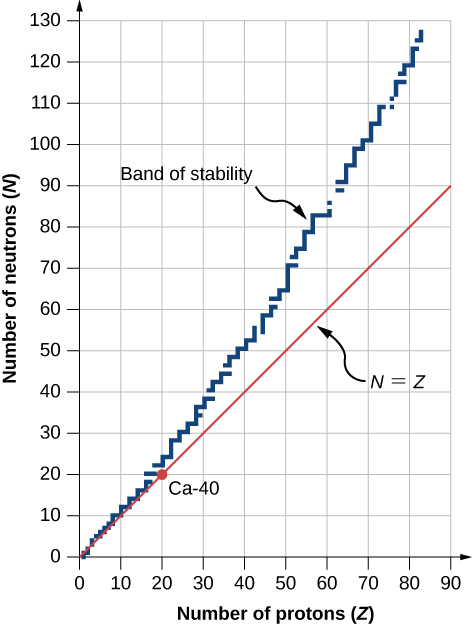 A graph showing number of neutrons, N versus number of protons, Z. A straight line on the graph is labeled N equal to Z. Another, jagged line, is labeled band of stability. This has incremental steps. It starts at the origin. At Z = 80, the value of N is 120.