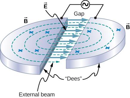 Figure shows two metallic semi circular plates separated by a gap. Each plate is connected to one terminal of an AC source. The plates are labeled Dees. Circular dotted lines pass through both plates. These are labeled external beam. Arrows from one plate to another in the gap are labeled vector E. Crosses on the surface of the plates are labeled vector B.