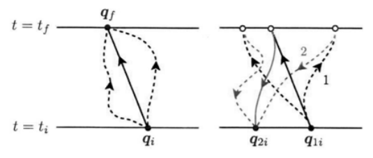 The left schematic shows paths between the initial \mathbf{q}(t_i) and final \mathbf{q}(t_f) times for conservative mechanics. The solid line designates the path for which the action is stationary, while the dashed lines represent the varied paths. The right schematic shows the paths applied to t…